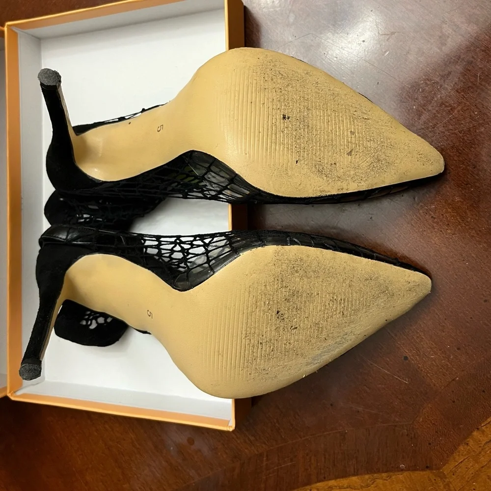 Black Fishnet Slingback Pointed Toe Heels - Picture 3 of 6